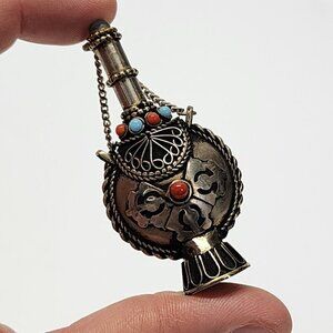 Vintage‎ Tibetan Metal Snuff Bottle Ornate Antique Handmade Turquoise Stones